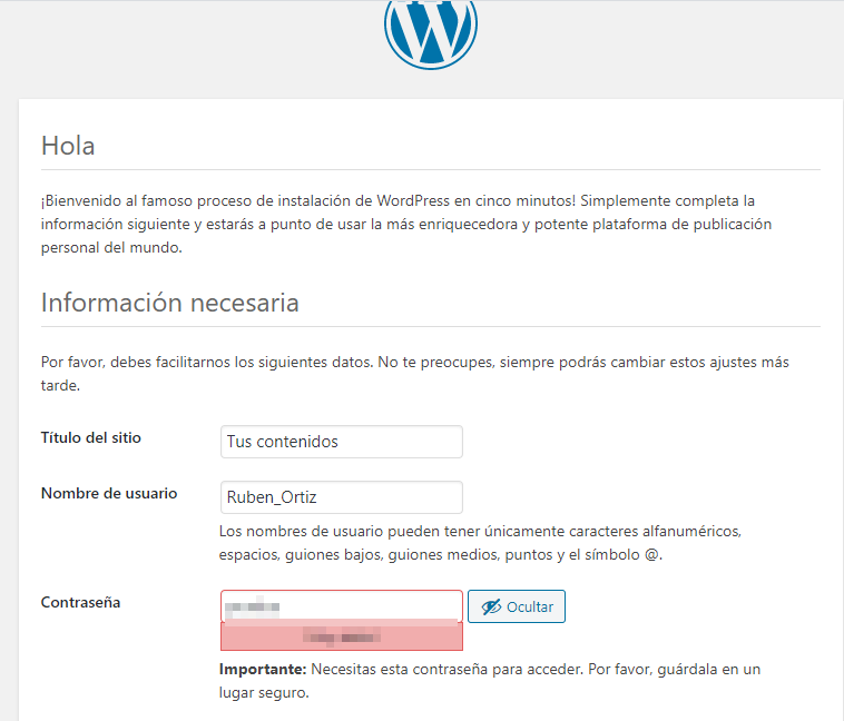 Instalación de WordPress-Usuario y contraseña